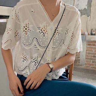 Short-sleeve Perforated Top / Midi A-line Skirt