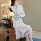 Set: Mock-neck Long-sleeve Knit Dress + Mesh Skirt