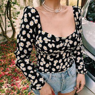 Square Neck Puff Sleeve Daisy Print Cropped Top
