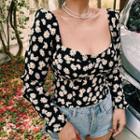 Square Neck Puff Sleeve Daisy Print Cropped Top
