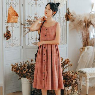 Plaid Button-front Sleeveless Dress