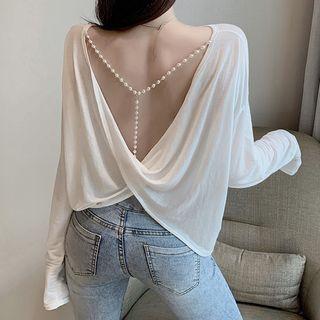 Long-sleeve Embellished Draped Open-back Top
