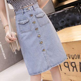 Pocket-front Midi A-line Denim Skirt