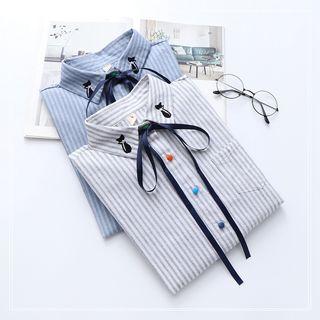 Cat Embroidered Ribbon Tie Stripe Shirt