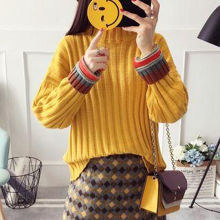Contrast Cuff Mock Neck Sweater
