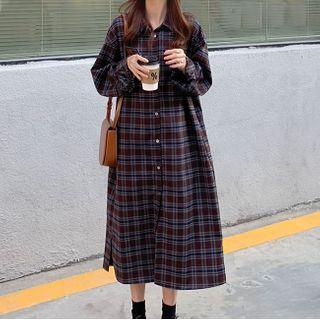 Plaid Long-sleeve Midi Shirt Dress Plaid - Brown - One Size
