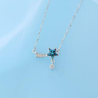 925 Sterling Silver Rhinestone Star Pendant Necklace 1 Pc - Blue & White - One Size