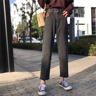 Leopard Print Panel Cropped Straight Cut Jeans