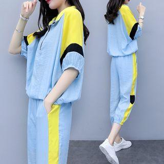 Set: Half Zip Elbow-sleeve Color Block Top + Capri Sweatpants