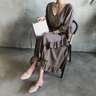 Linen Blend Flounced Long Wrap Dress