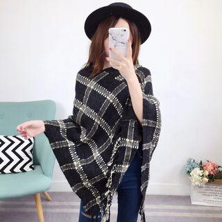 Plaid Fringed Knit Cape