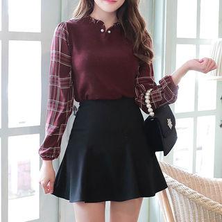 Faux-pearl Frill-neck Plaid-panel Blouse