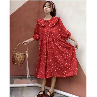 Heart Print Elbow-sleeve Collared A-line Dress Red - One Size