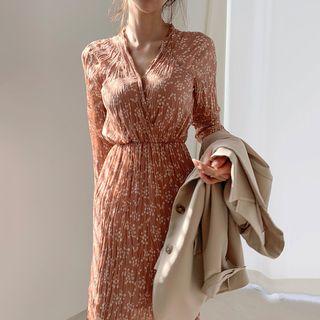 Long-sleeve Floral Midi Crinkled Dress