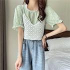 Set: Short-sleeve Floral Print Blouse + Knit Top