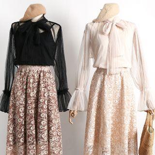 Set: Pleated Long Sleeve Mesh Blouse + Camisole
