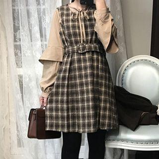 Plaid Pinafore Dress / Plain Chiffon Blouse
