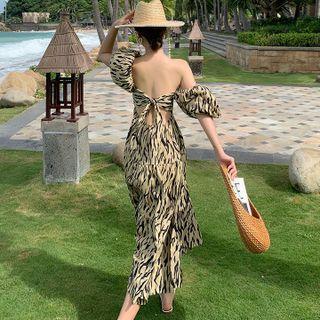 Puff-sleeve Animal Print A-line Midi Dress
