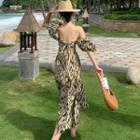 Puff-sleeve Animal Print A-line Midi Dress