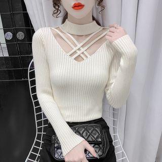 Long-sleeve Mock-neck Strappy Knit Top