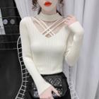 Long-sleeve Mock-neck Strappy Knit Top