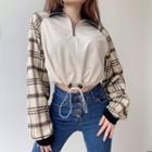 Cropped Plaid Panel Half-zip Sweatshirt