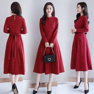 Long-sleeve Mandarin Collar Midi A-line Dress