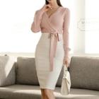 Long-sleeve Wrap Knit Top / Midi Fitted Skirt