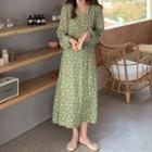 Long-sleeve Floral Print Dress Green - One Size