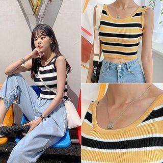Sleeveless Cropped Stripe Rib-knit Top