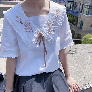 Short-sleeve Bear Embroidered Shirt White - One Size