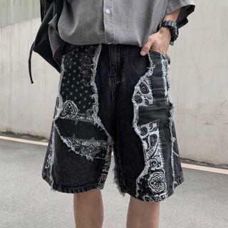 Pattern Panel Straight Cut Denim Shorts