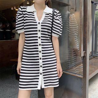 Puff-sleeve Single Breasted Knit Dress