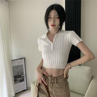 Short-sleeve Collar Crop Knit Top