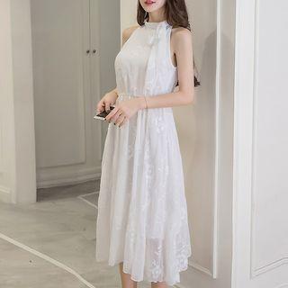Embroidered Sleeveless Midi Chiffon Dress
