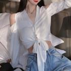 Long-sleeve Cold-shoulder Tie-strap Cropped Blouse