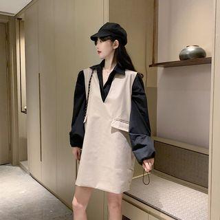 Plain Long-sleeve Loose-fit Shirt / V-neck Vest