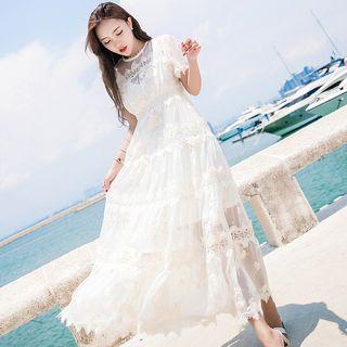 Short-sleeve Maxi A-line Lace Dress