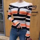 Long-sleeve Cold-shoulder Knit Top Stripe - Black & White & Gray & Orange - One Size