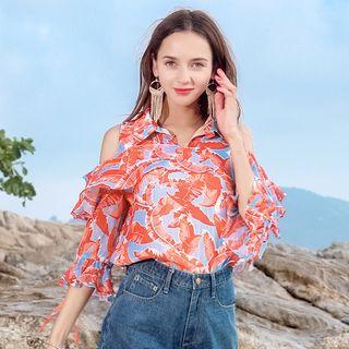 Printed Cut Out Elbow Sleeve Shirt