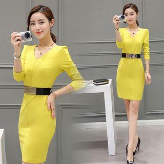 Long-sleeve V-neck Dress With Belt