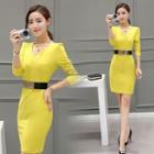 Long-sleeve V-neck Dress With Belt