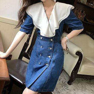 Ruffle Panel Denim Mini A-line Dress