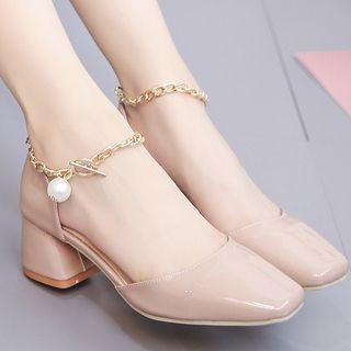 Faux Pearl Chain Strap Chunky Heel Sandals