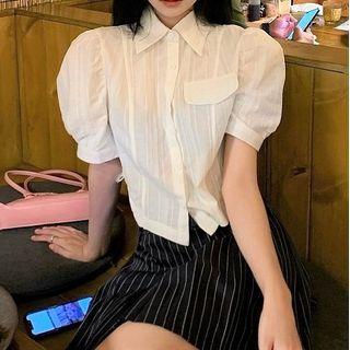 Puff-sleeve Shirt / Striped Mini A-line Skirt