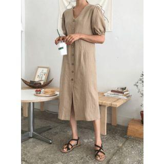 V-neck Puff-sleeve Long Shirtdress