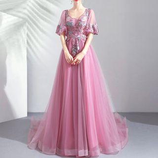 Elbow-sleeve Floral Appliqued A-line Evening Gown