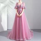 Elbow-sleeve Floral Appliqued A-line Evening Gown