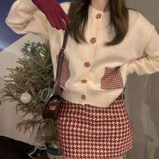 Houndstooth Panel Pocket Detail Cardigan / Mini Pencil Skirt