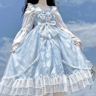 Puff-sleeve Ruffled Blouse / Lace Trim Overall Dress